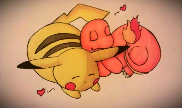 pikachu_and_charmander_snuggling_by_eter